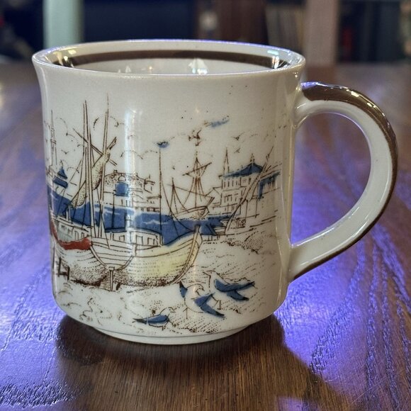 Vintage Coffee Mug Speckled Otagiri Japan Fishing Boats Seagulls Beach Sun - Picture 2 of 10